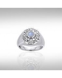 Wheel of the Year Silver Ring with Rainbow Moonstone