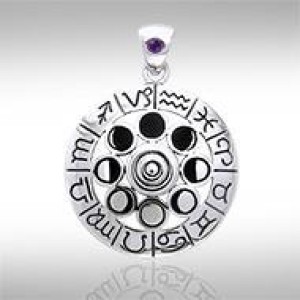 Zodiac Symbol Moon Phase Wheel Pendant with Amethyst