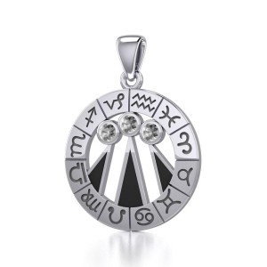 Zodiac Wheel with Awen and White Cubic Zirconia Pendant 