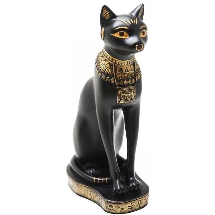 Bastet Egyptian Cat Goddess Statue with Gold Necklace - 9 1/8 Inches