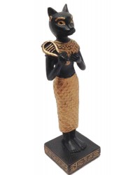 Bastet with Sistrum Mini Egyptian Statue Black and Gold