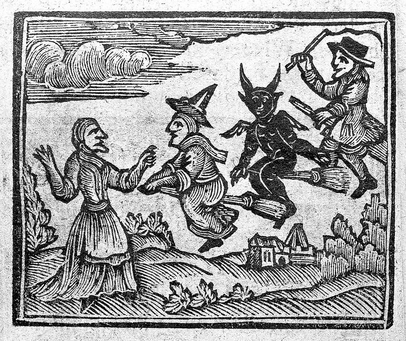 Witches on broomsticks holding witch wands, featured in The History of Witches and Wizards (1720) / Wellcome Library