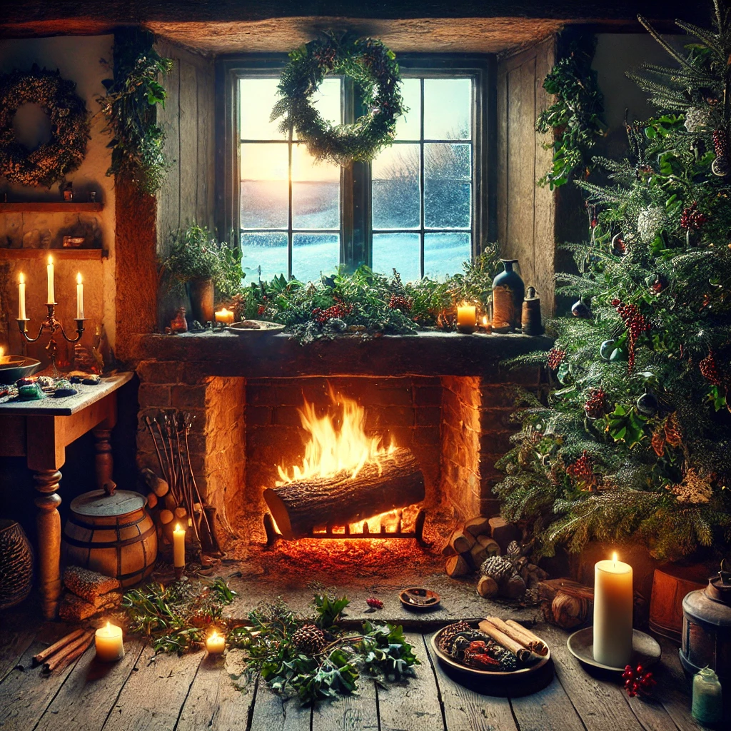 a log burning in a fireplace next to a christmas tree for yule